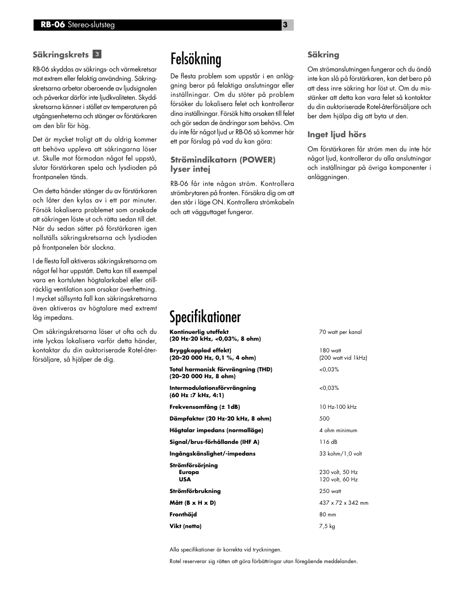 Specifi kationer, Felsökning | ROTEL RB-06 User Manual | Page 36 / 42