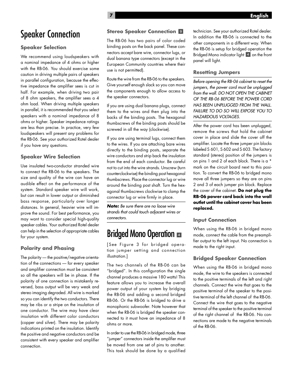 Speaker connection, Bridged mono operation | ROTEL RB-06 User Manual | Page 7 / 42