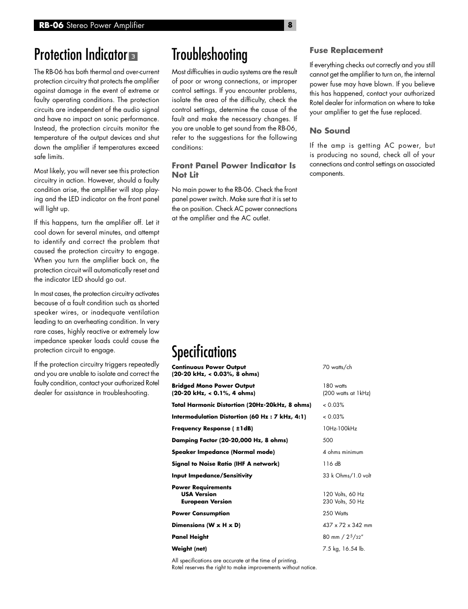 Protection indicator, Specifi cations, Troubleshooting | ROTEL RB-06 User Manual | Page 8 / 42