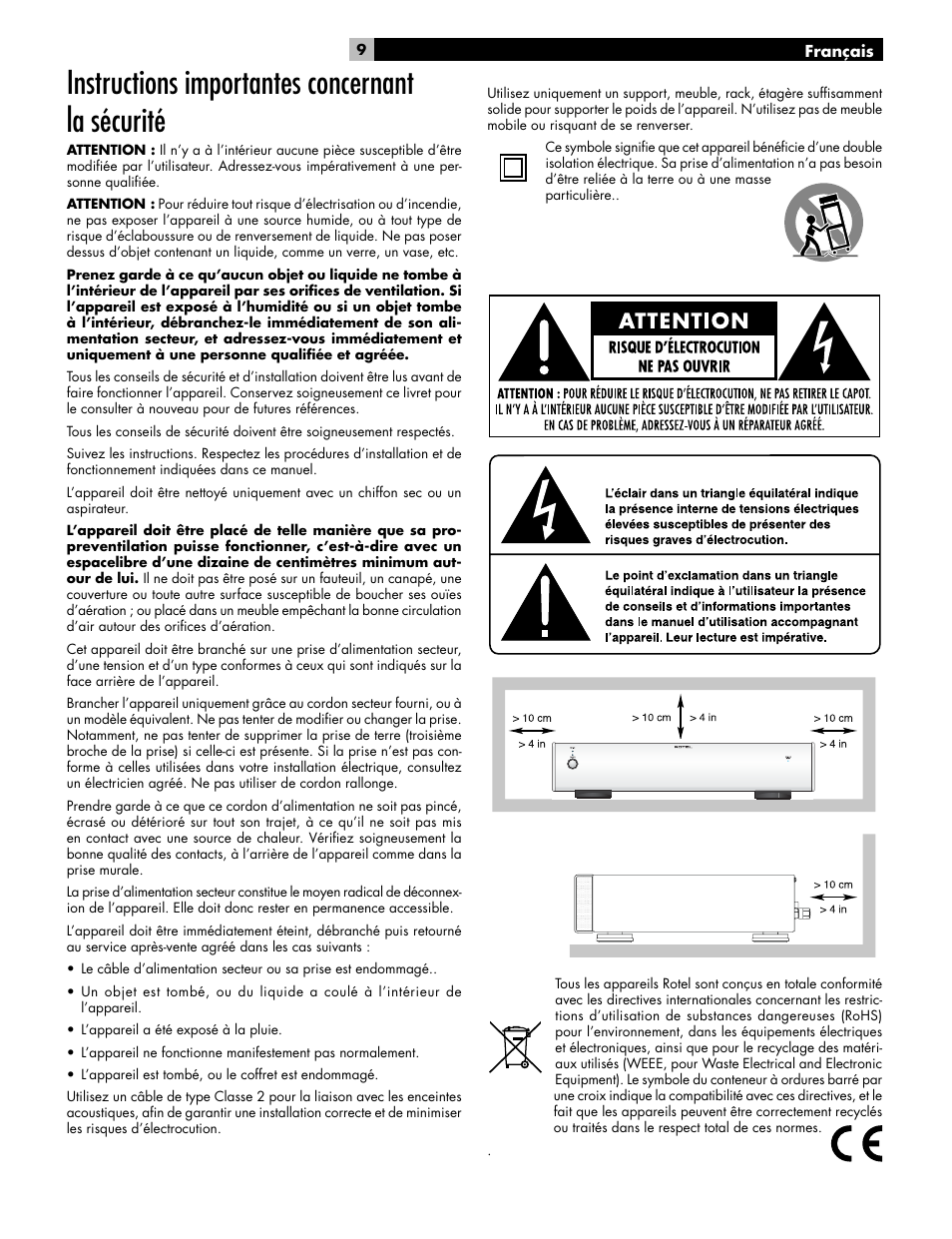 Instructions importantes concernant la sécurité | ROTEL RB-06 User Manual | Page 9 / 42