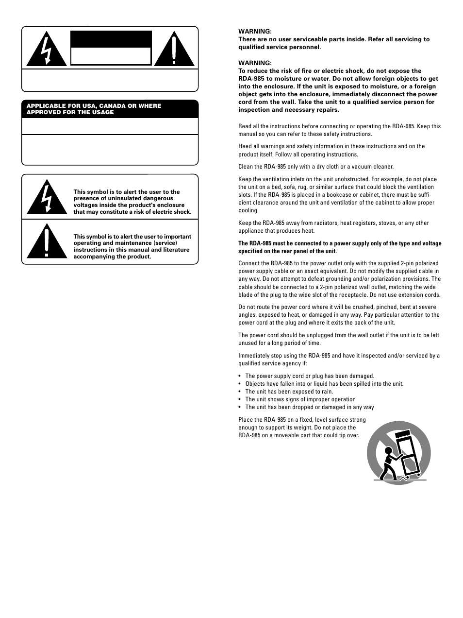 Caution | ROTEL DTS Decoder RDA-985 User Manual | Page 2 / 8