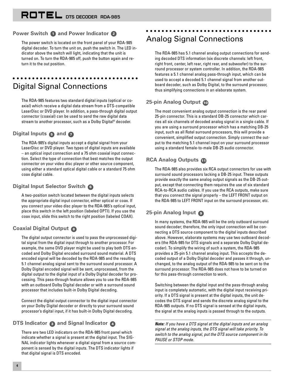 Digital signal connections, Analog signal connections | ROTEL DTS Decoder RDA-985 User Manual | Page 6 / 8