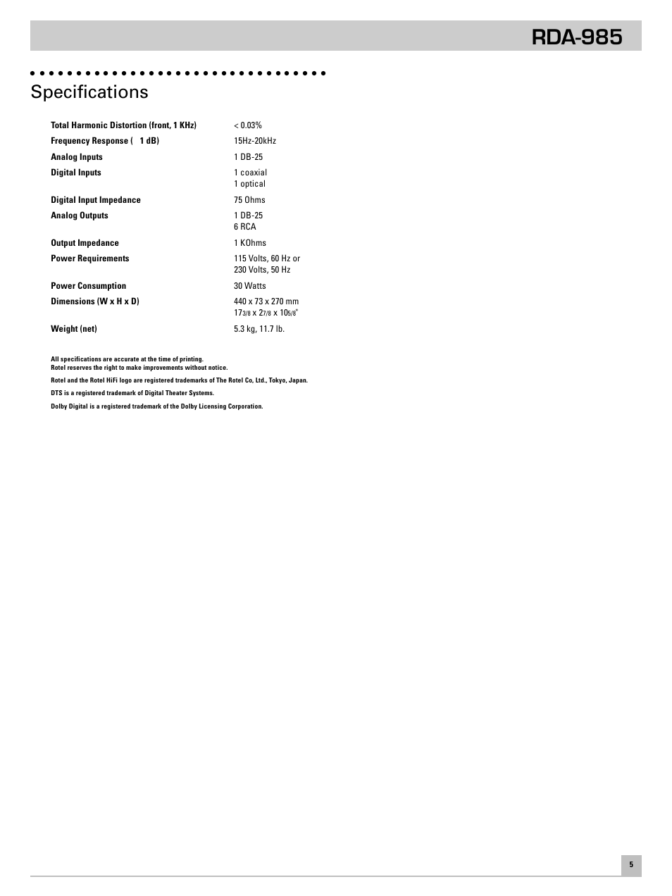Rda-985, Specifications | ROTEL DTS Decoder RDA-985 User Manual | Page 7 / 8