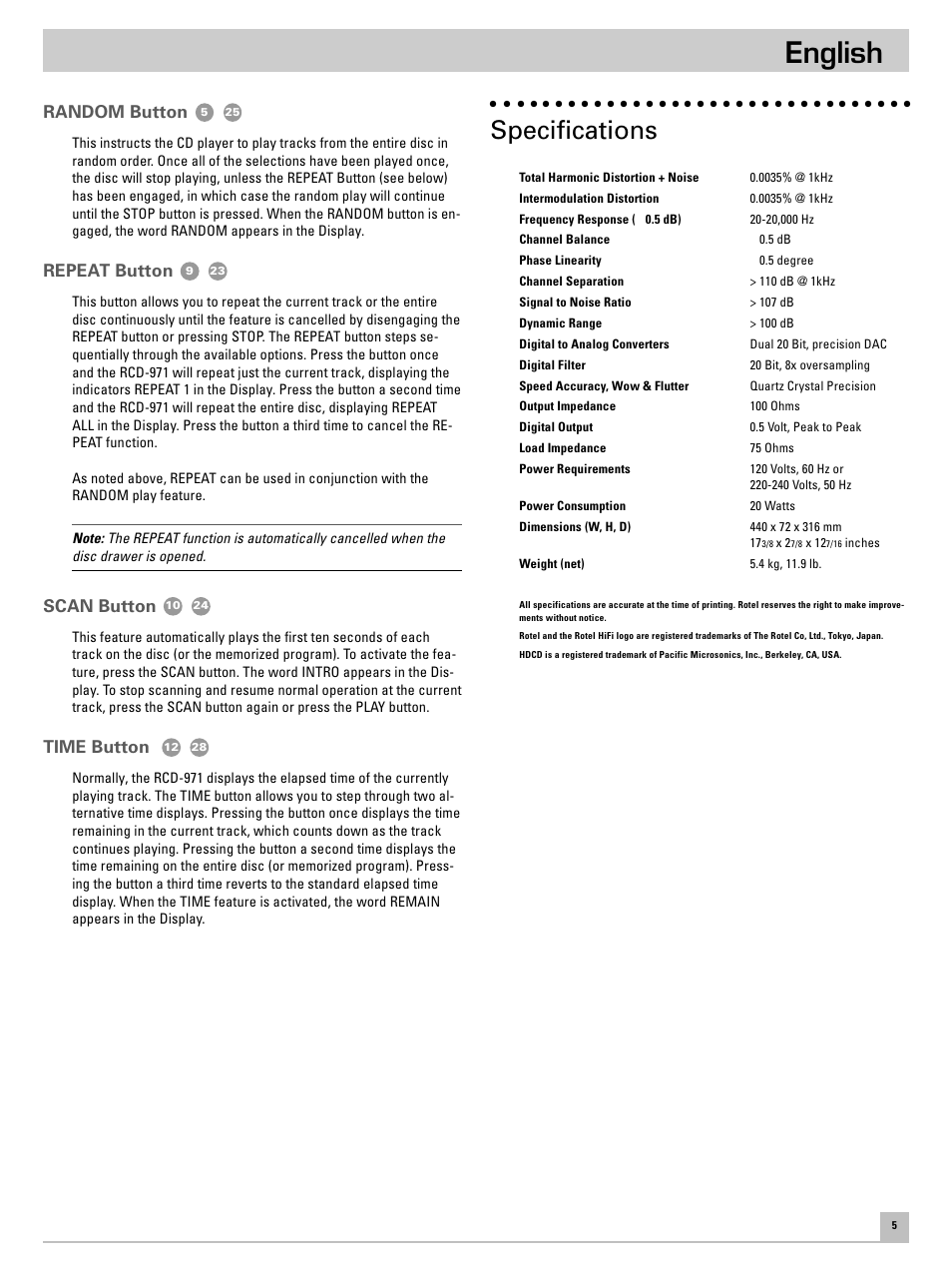 English, Specifications, Random button | Repeat button, Scan button, Time button | ROTEL RCD-971 User Manual | Page 9 / 9