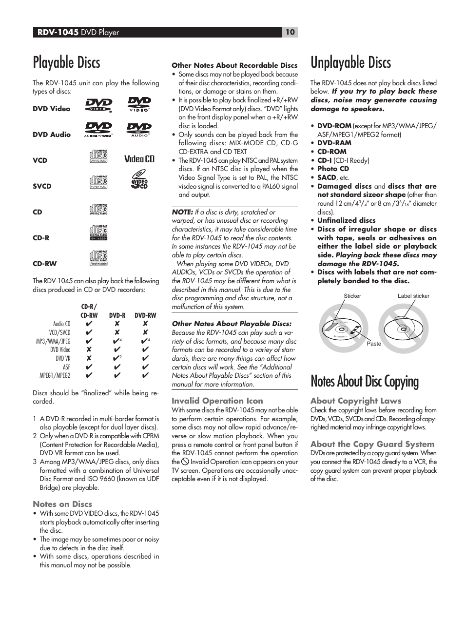 Playable discs, Unplayable discs | ROTEL RDV-1045 User Manual | Page 10 / 26