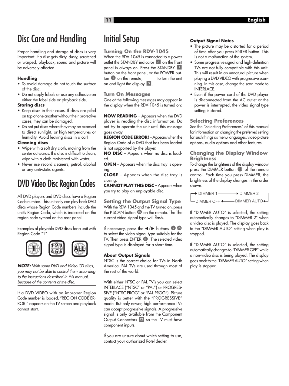 Disc care and handling, Dvd video disc region codes, Initial setup | ROTEL RDV-1045 User Manual | Page 11 / 26