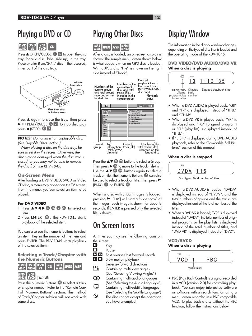 Playing a dvd or cd, Playing other discs, On screen icons | Display window | ROTEL RDV-1045 User Manual | Page 12 / 26