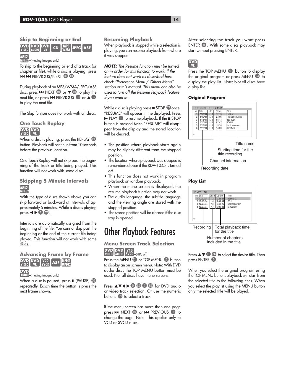 Other playback features | ROTEL RDV-1045 User Manual | Page 14 / 26