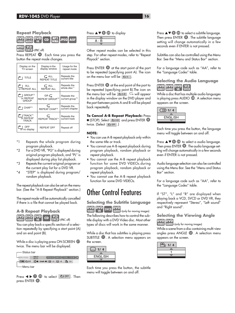 Other control features | ROTEL RDV-1045 User Manual | Page 16 / 26