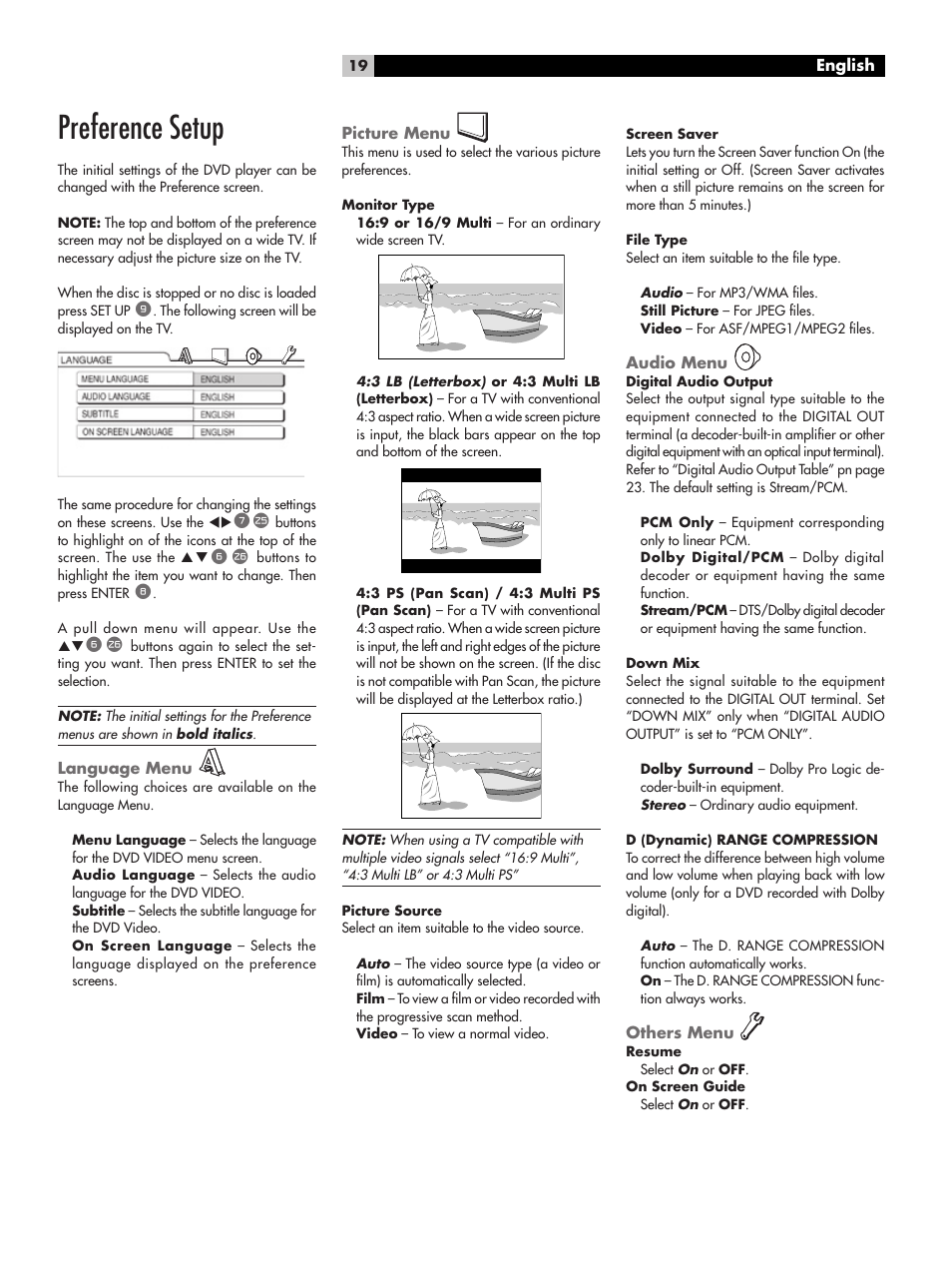 Preference setup | ROTEL RDV-1045 User Manual | Page 19 / 26