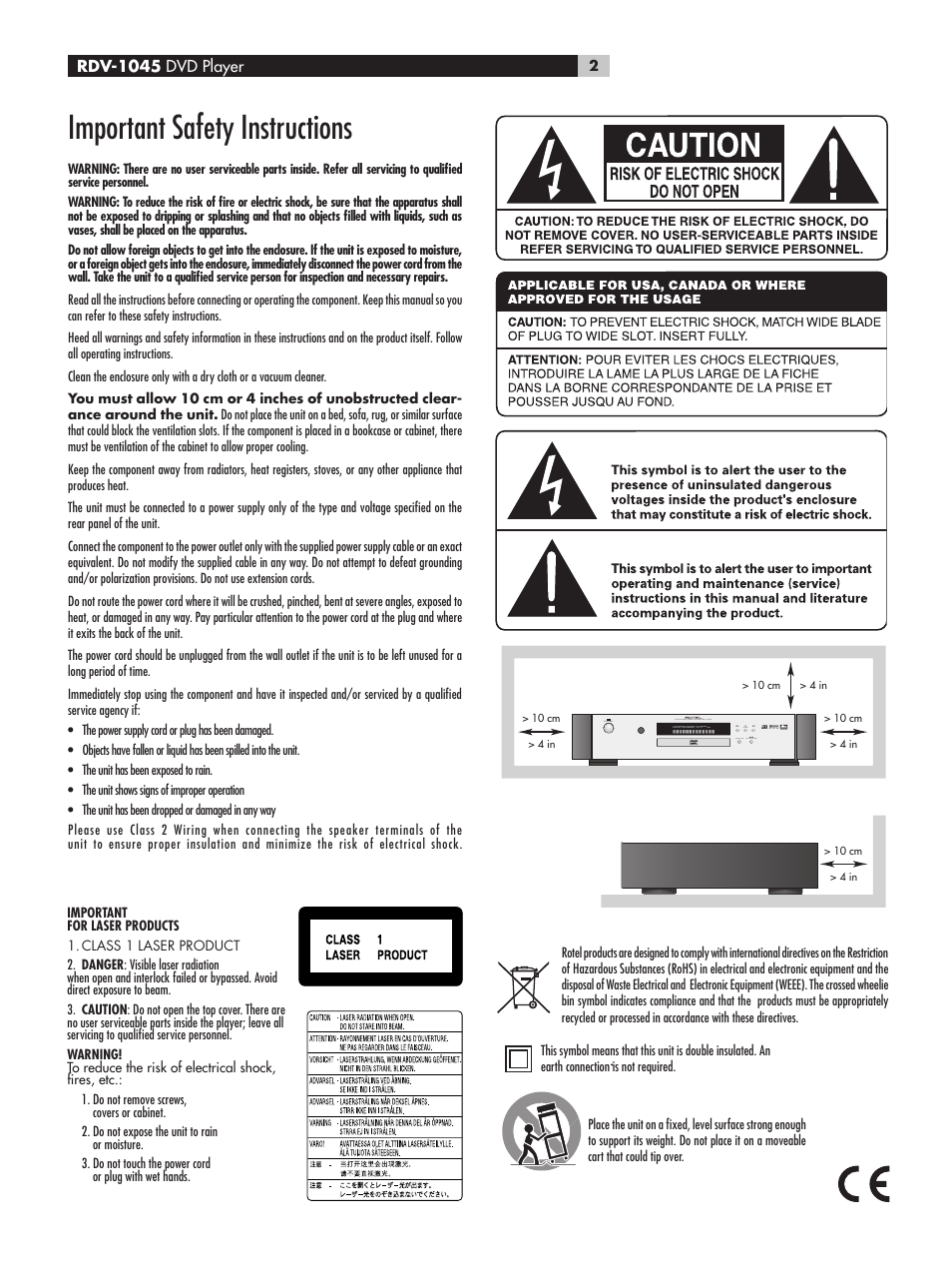 Important safety instructions | ROTEL RDV-1045 User Manual | Page 2 / 26