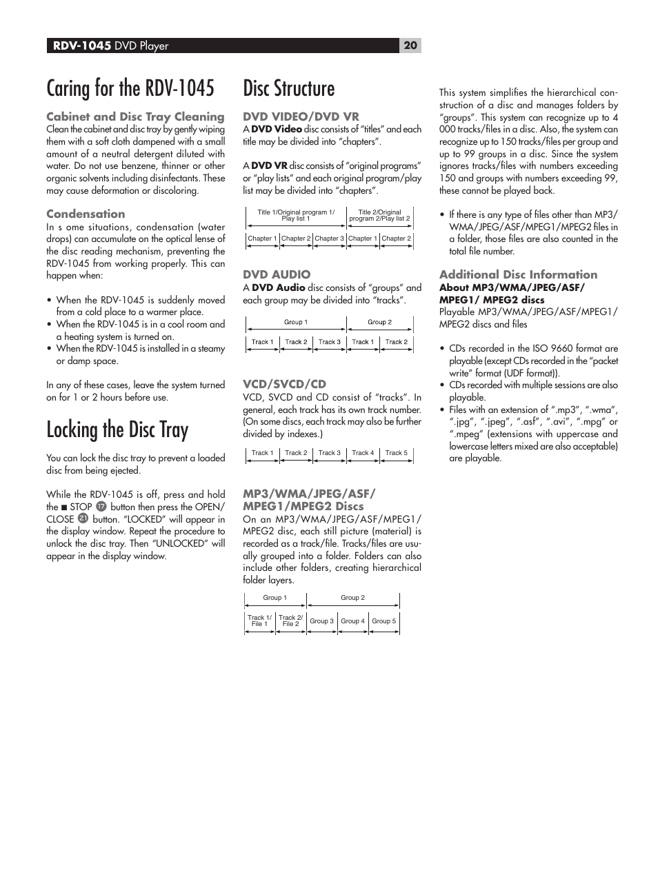 Caring for the rdv-1045, Locking the disc tray, Disc structure | ROTEL RDV-1045 User Manual | Page 20 / 26