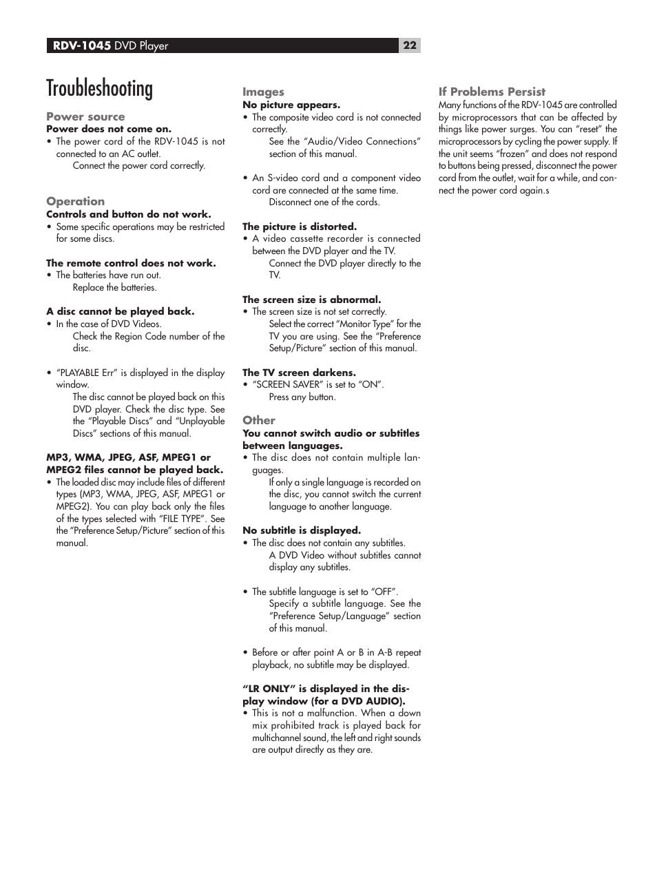 Troubleshooting | ROTEL RDV-1045 User Manual | Page 22 / 26