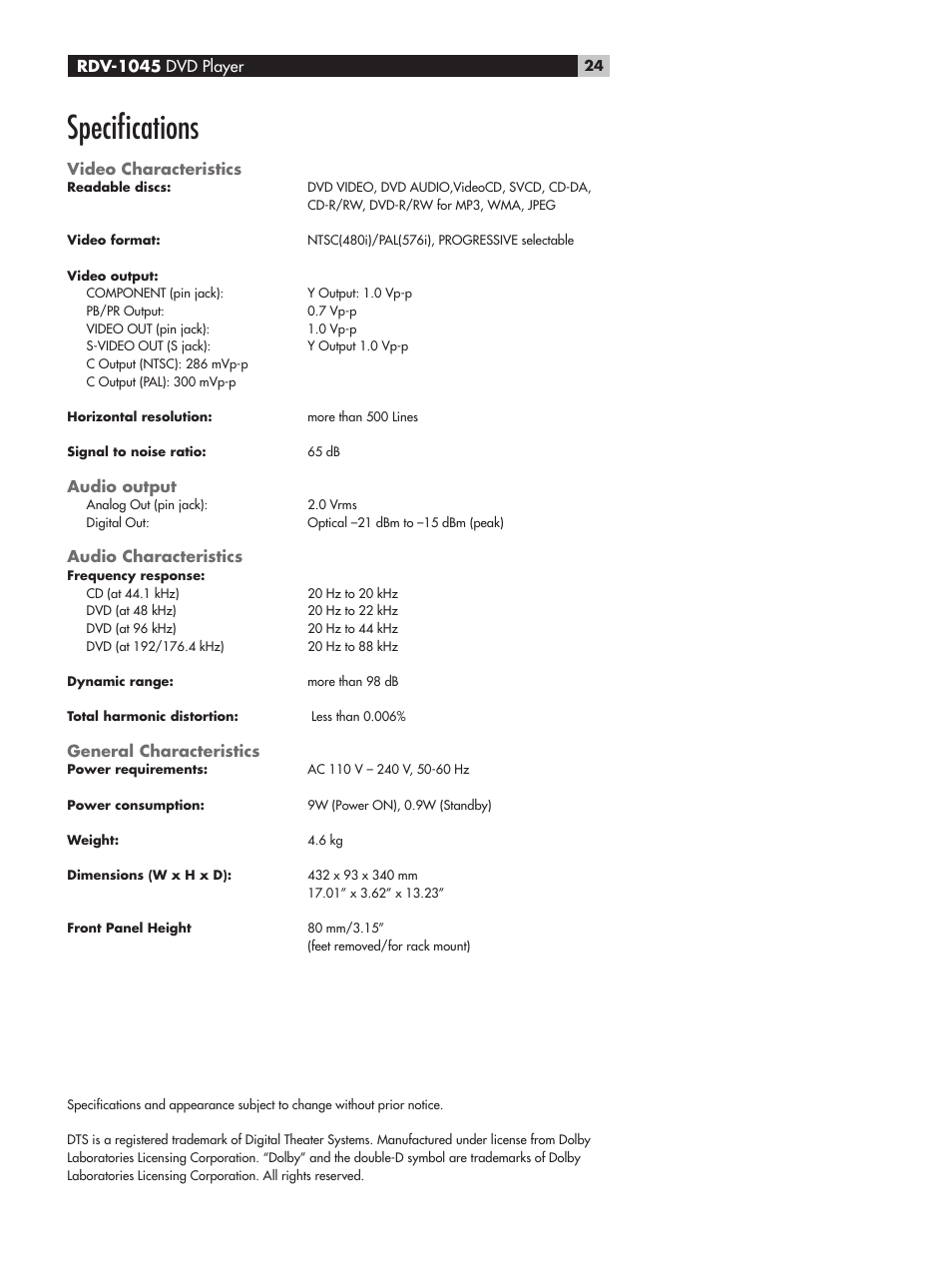 Speciﬁcations | ROTEL RDV-1045 User Manual | Page 24 / 26