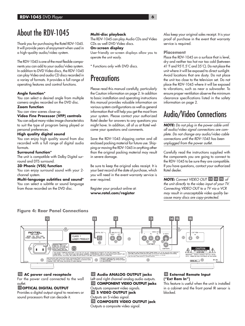 About the rdv-1045, Precautions, Audio/video connections | ROTEL RDV-1045 User Manual | Page 6 / 26