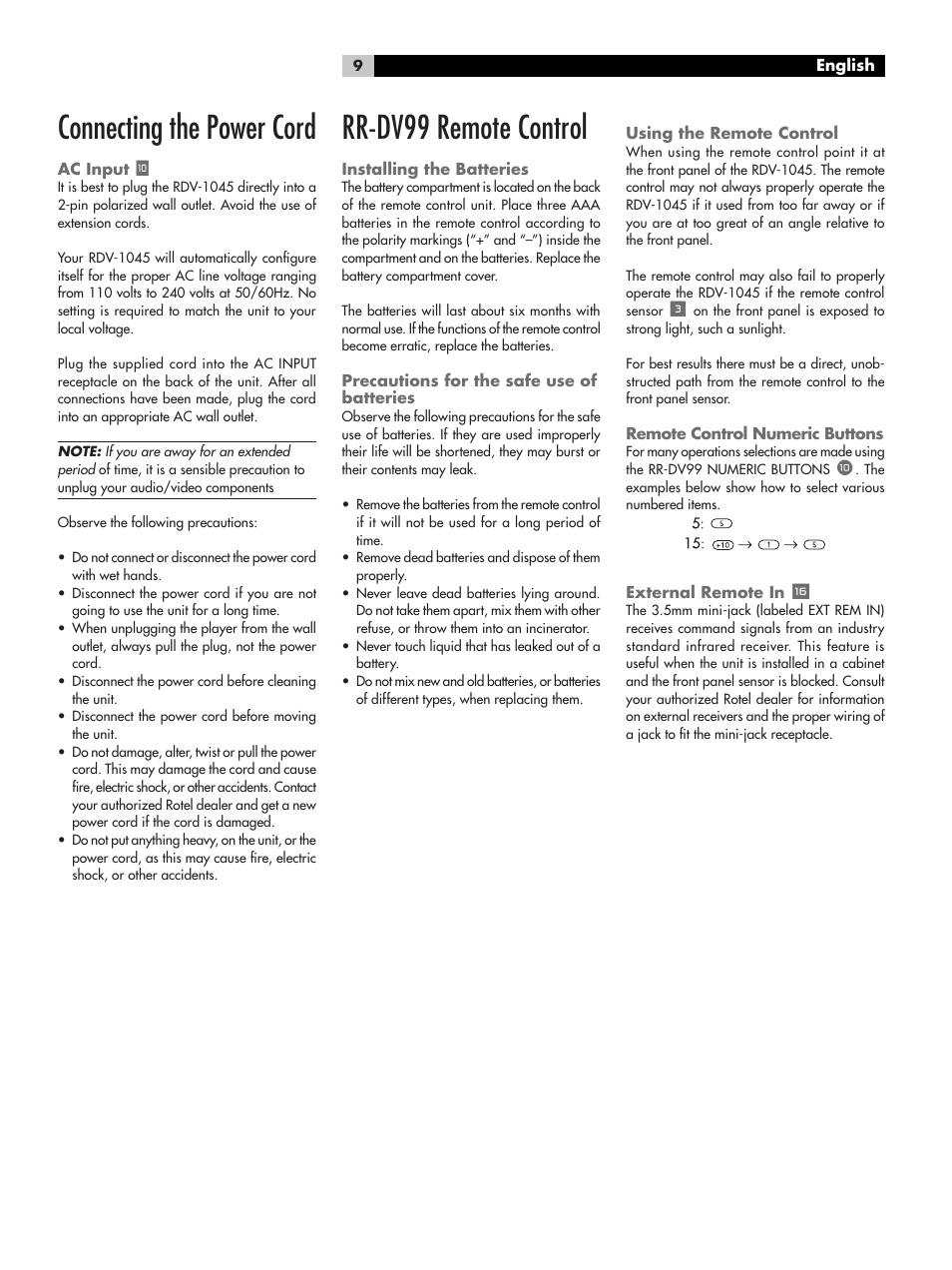 Rr-dv99 remote control, Connecting the power cord | ROTEL RDV-1045 User Manual | Page 9 / 26