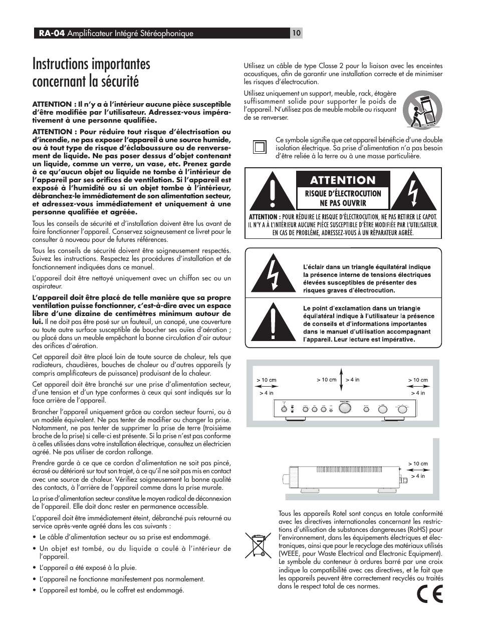 Instructions importantes concernant la sécurité | ROTEL RA-04 User Manual | Page 10 / 52