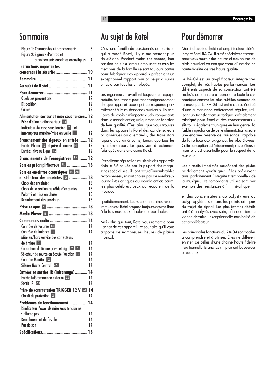 Sommaire, Pour démarrer, Au sujet de rotel | ROTEL RA-04 User Manual | Page 11 / 52