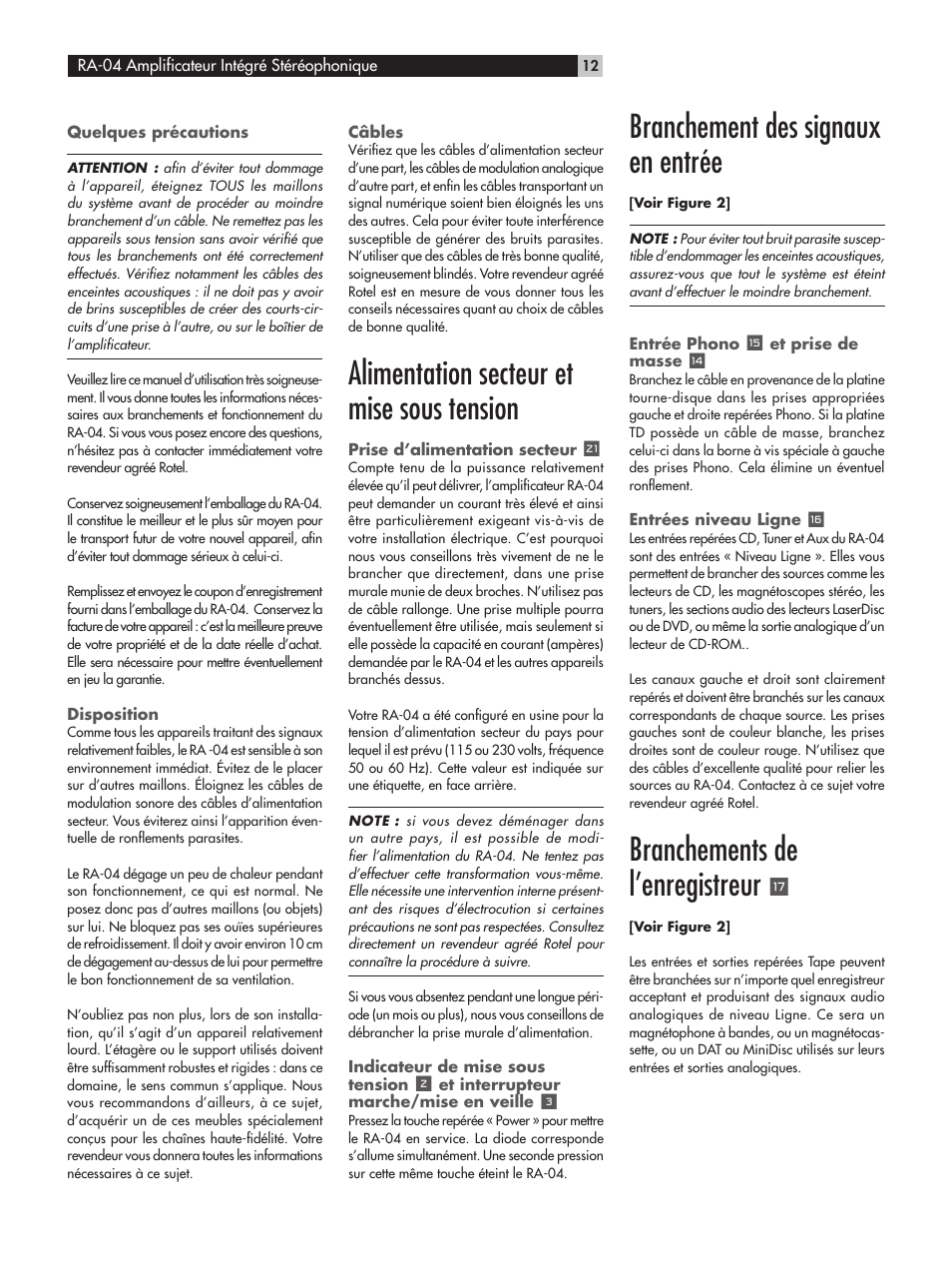 Alimentation secteur et mise sous tension, Branchement des signaux en entrée, Branchements de l’enregistreur | ROTEL RA-04 User Manual | Page 12 / 52