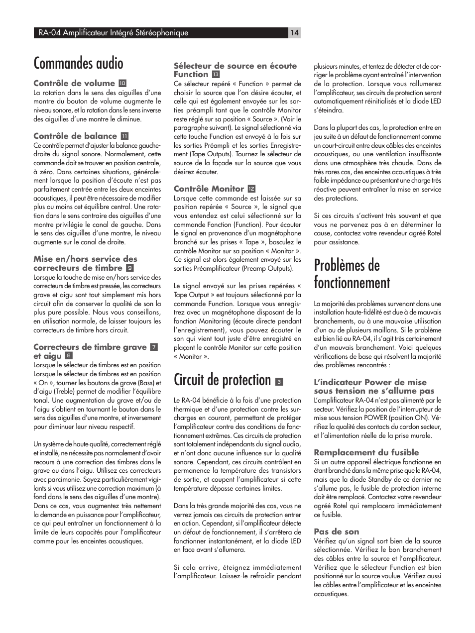 Commandes audio, Circuit de protection, Problèmes de fonctionnement | ROTEL RA-04 User Manual | Page 14 / 52