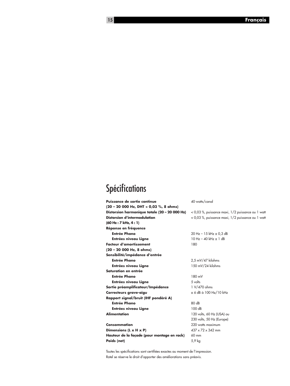 Spécifications, Français | ROTEL RA-04 User Manual | Page 15 / 52