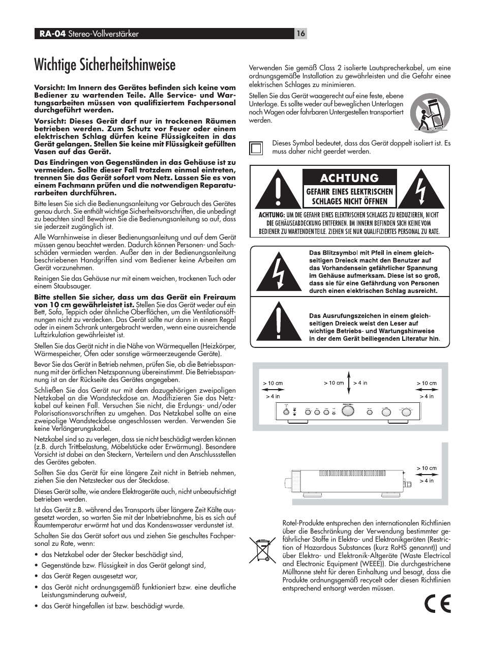 Wichtige sicherheitshinweise | ROTEL RA-04 User Manual | Page 16 / 52