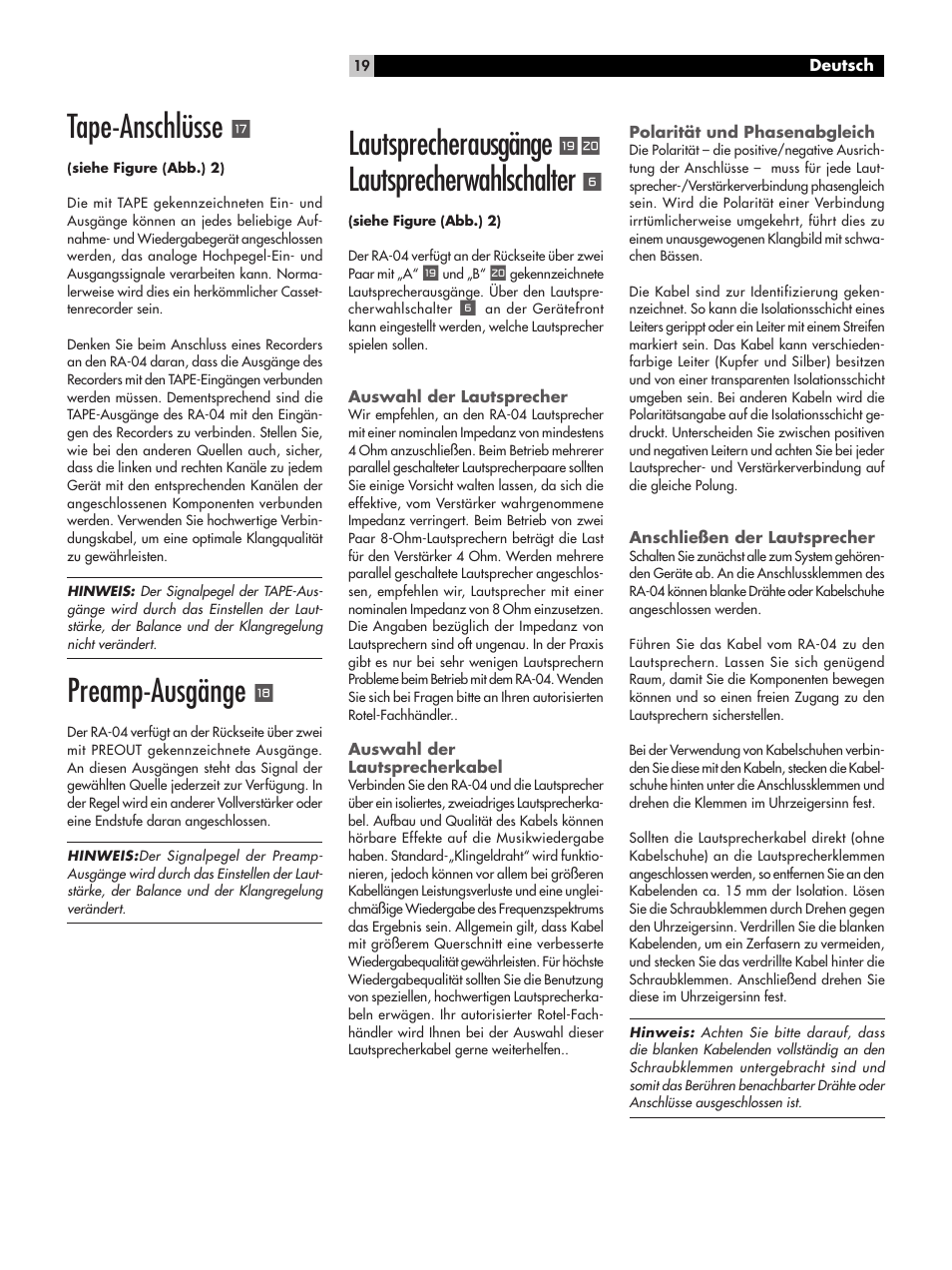 Tape-anschlüsse, Preamp-ausgänge, Lautsprecherausgänge | Lautsprecherwahlschalter | ROTEL RA-04 User Manual | Page 19 / 52