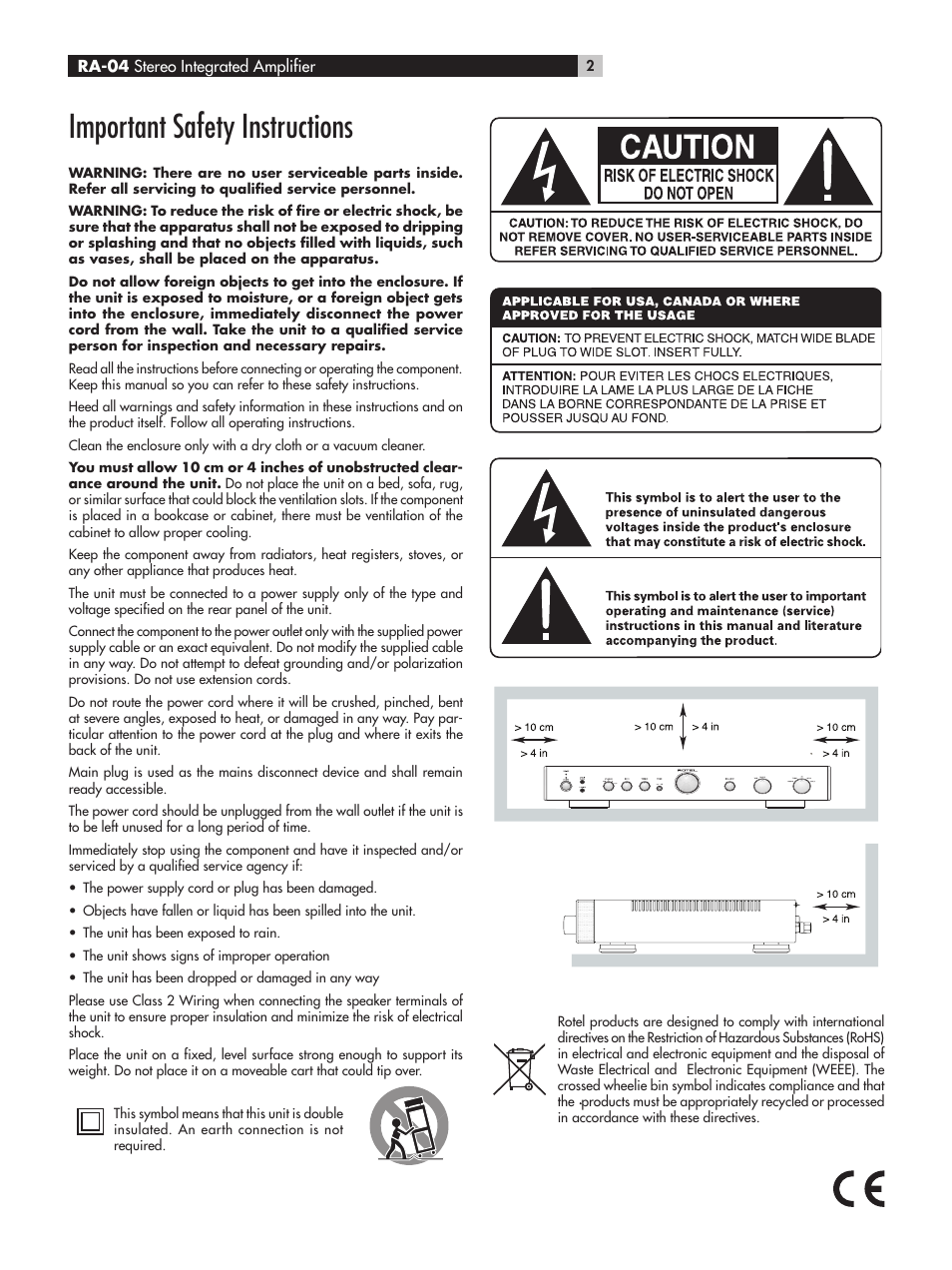 Important safety instructions | ROTEL RA-04 User Manual | Page 2 / 52