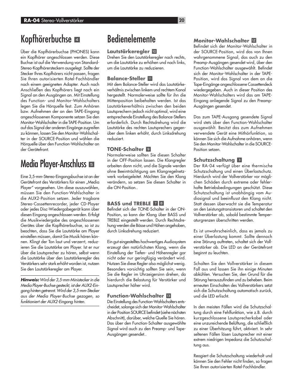 Kopfhörerbuchse, Media player-anschluss, Bedienelemente | ROTEL RA-04 User Manual | Page 20 / 52