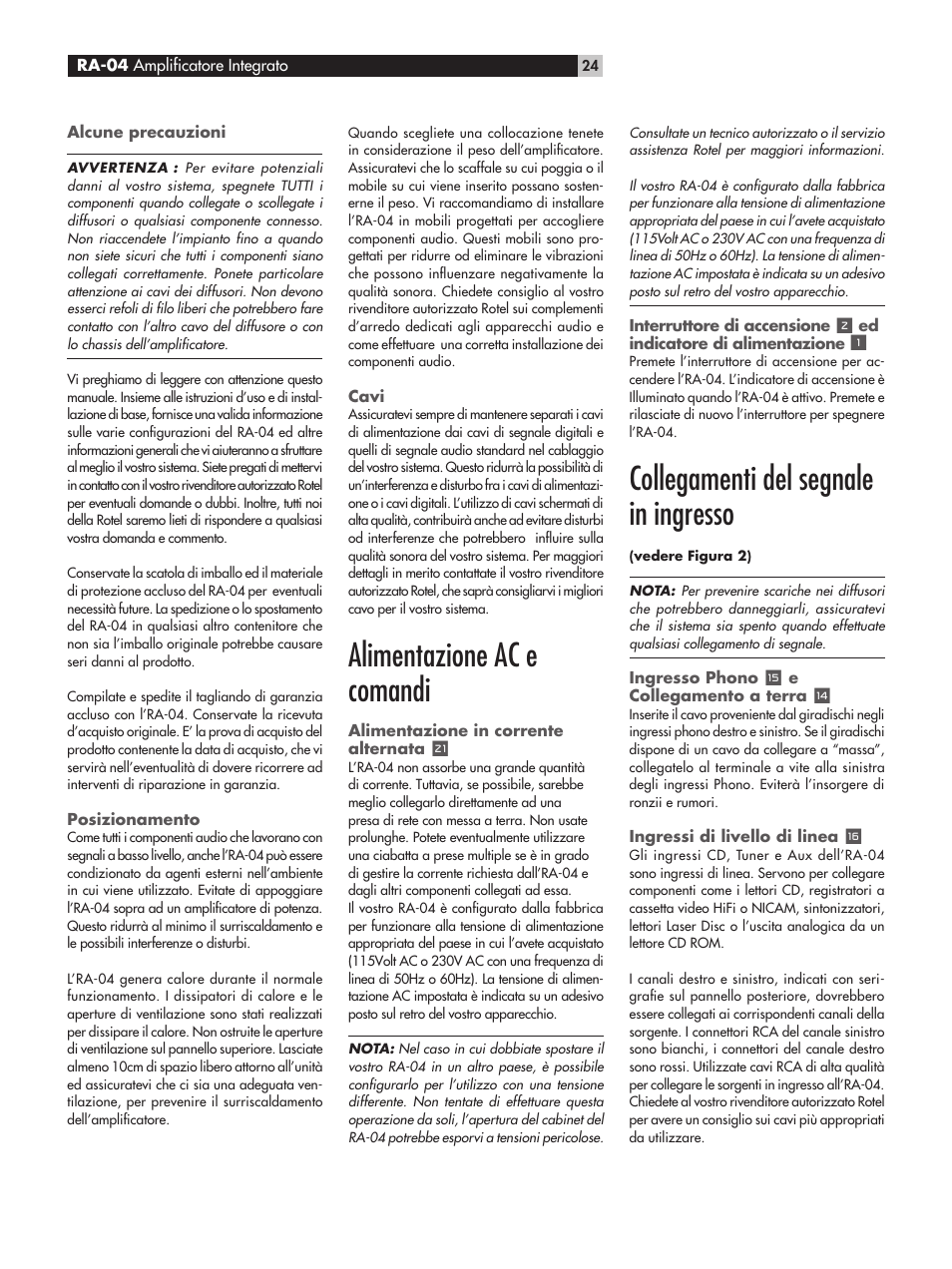 Alimentazione ac e comandi, Collegamenti del segnale in ingresso | ROTEL RA-04 User Manual | Page 24 / 52