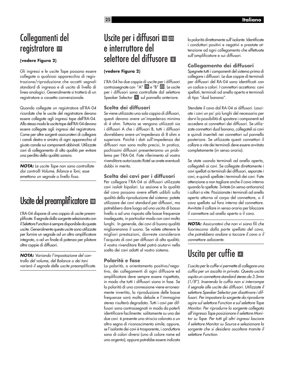 Collegamenti del registratore, Uscite del preamplificatore, Uscite per i diffusori | E interruttore del selettore del diffusore, Uscita per cuffie | ROTEL RA-04 User Manual | Page 25 / 52