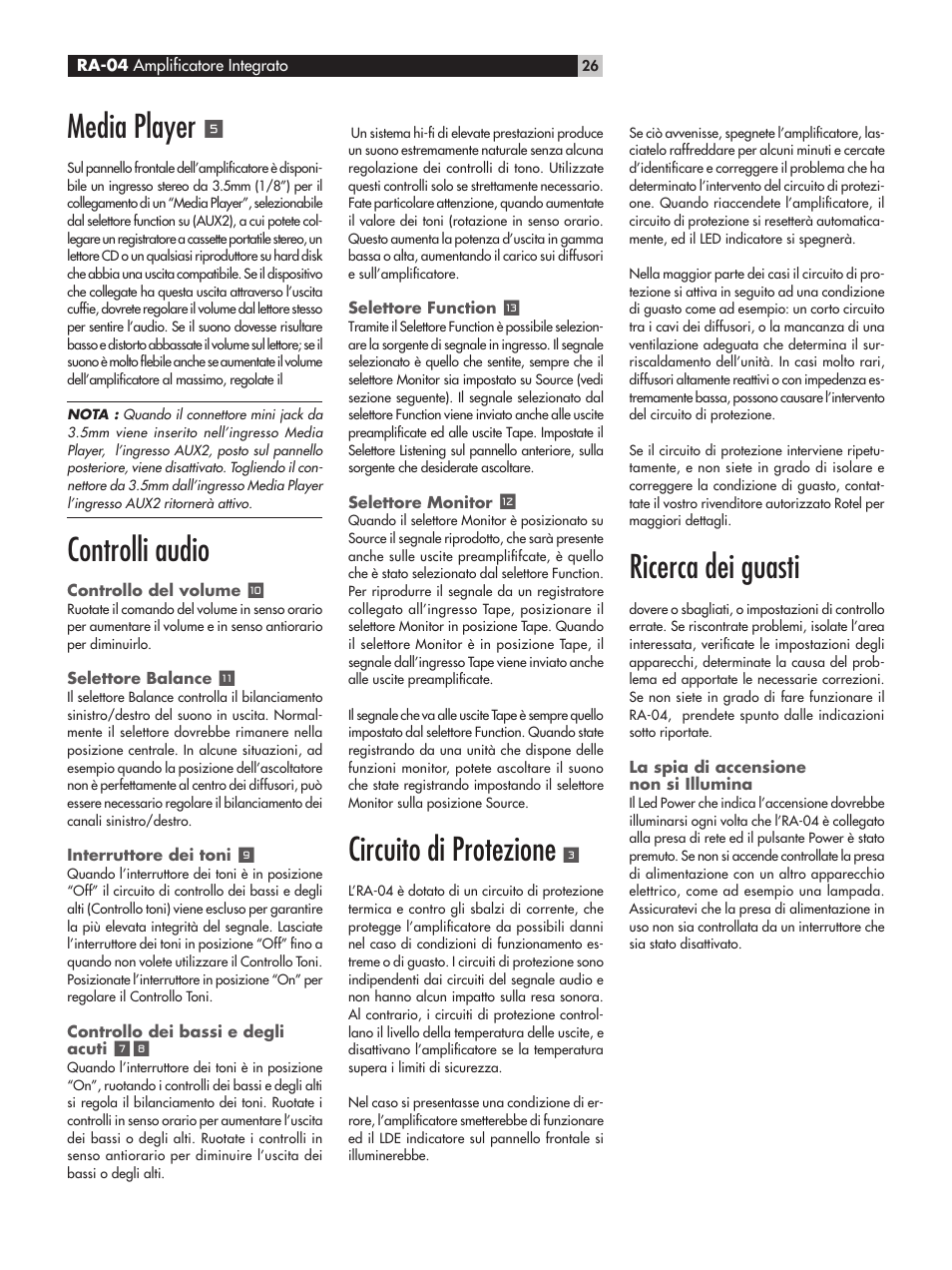 Media player, Controlli audio, Circuito di protezione | Ricerca dei guasti | ROTEL RA-04 User Manual | Page 26 / 52