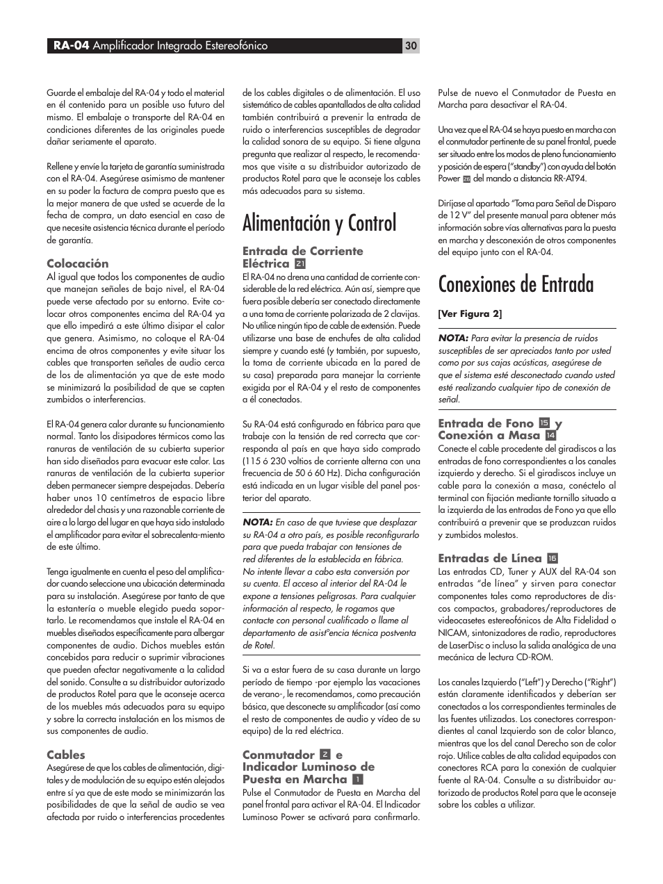 Alimentación y control, Conexiones de entrada | ROTEL RA-04 User Manual | Page 30 / 52