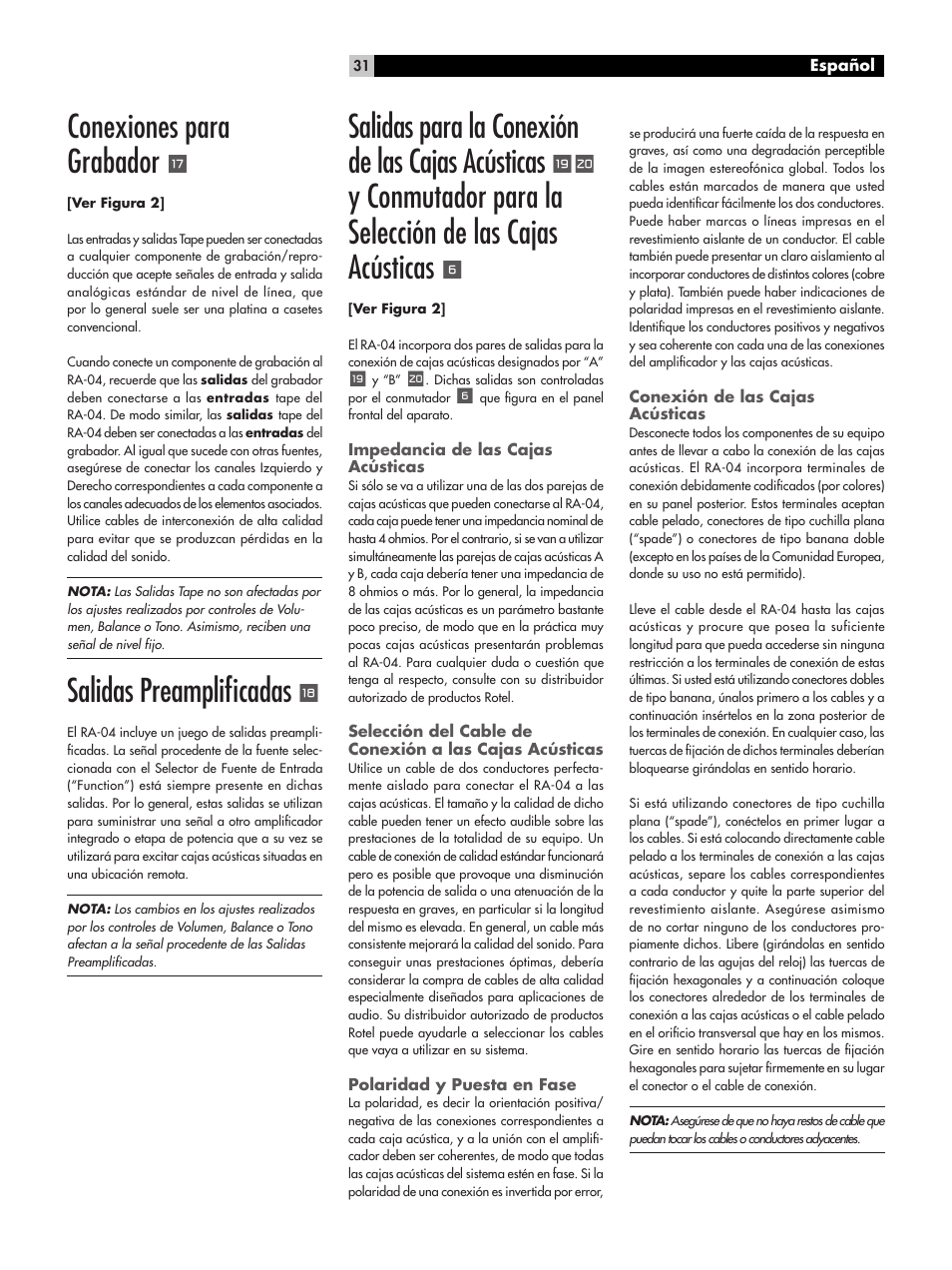 Conexiones para grabador, Salidas preamplificadas, Salidas para la conexión de las cajas acústicas | ROTEL RA-04 User Manual | Page 31 / 52