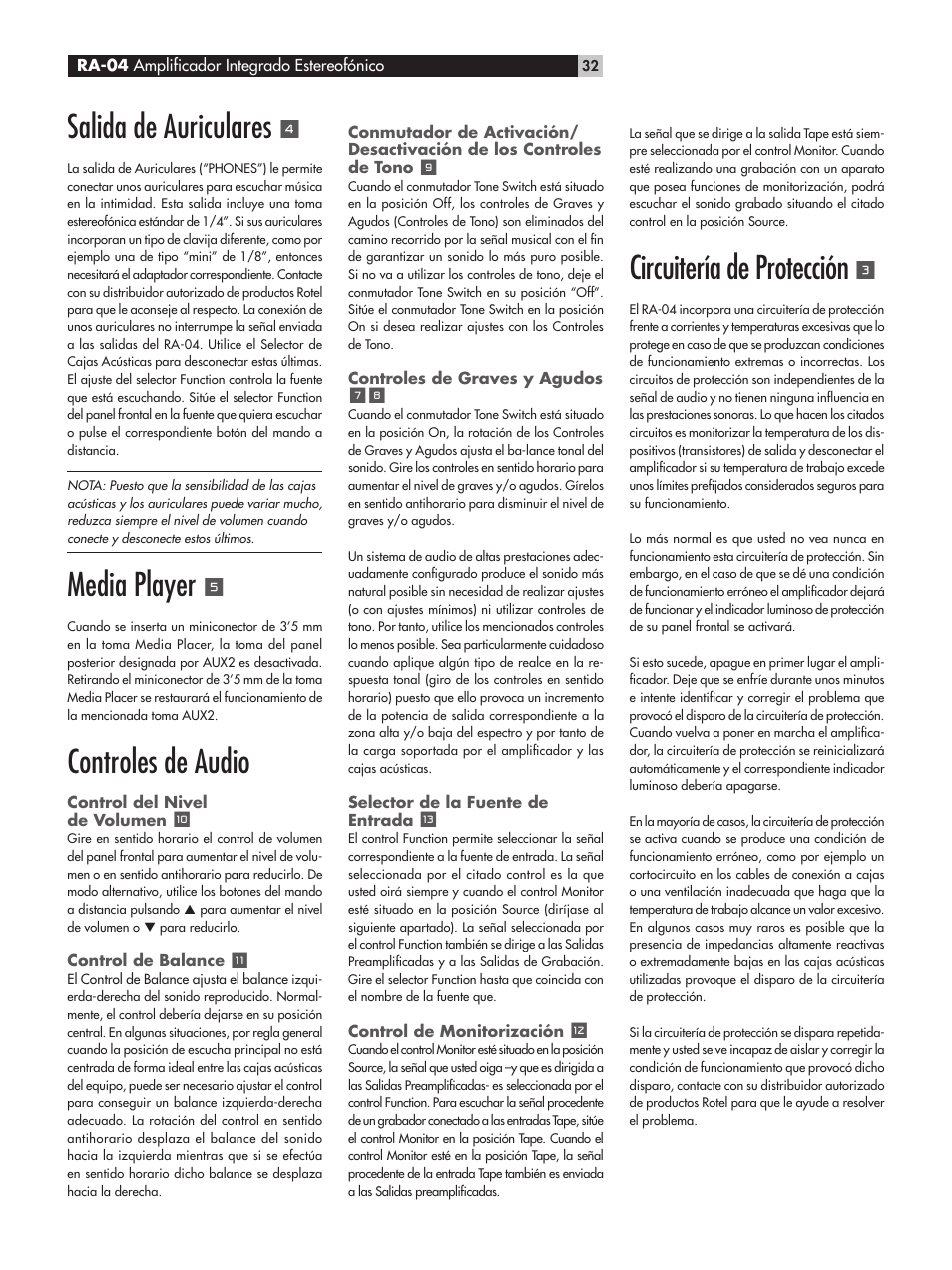 Salida de auriculares, Media player, Controles de audio | Circuitería de protección | ROTEL RA-04 User Manual | Page 32 / 52