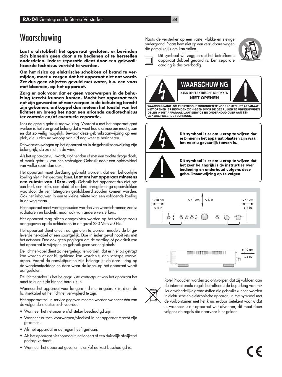 Waarschuwing | ROTEL RA-04 User Manual | Page 34 / 52