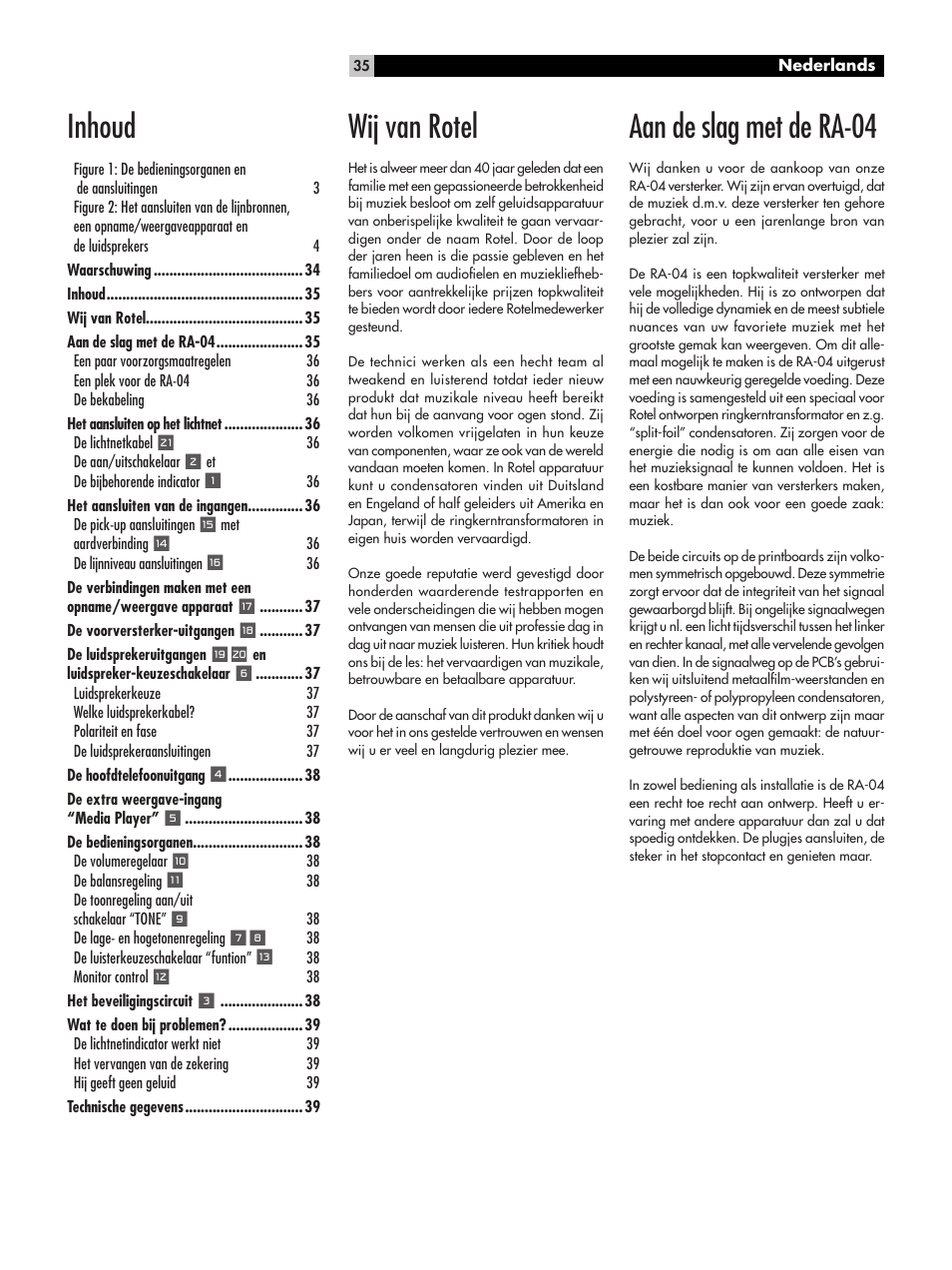 Inhoud, Wij van rotel, Aan de slag met de ra-04 | ROTEL RA-04 User Manual | Page 35 / 52