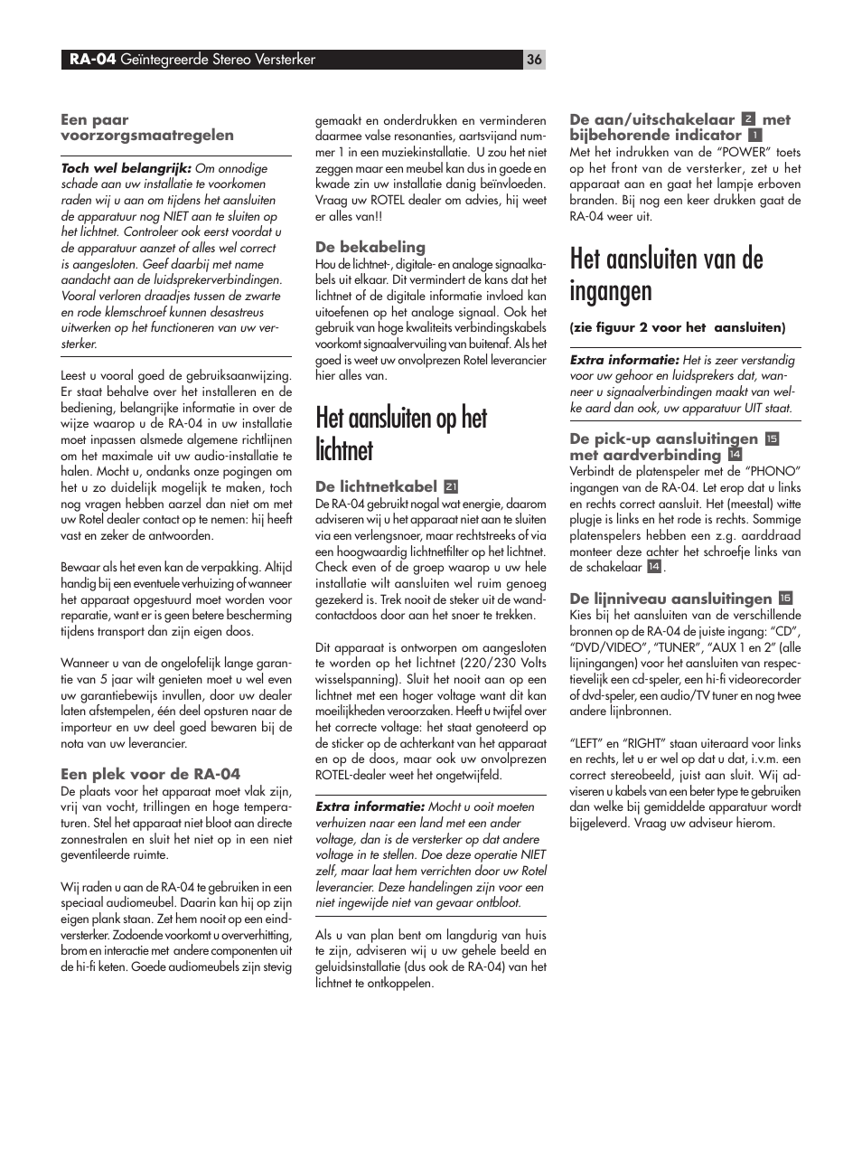 Het aansluiten op het lichtnet, Het aansluiten van de ingangen | ROTEL RA-04 User Manual | Page 36 / 52