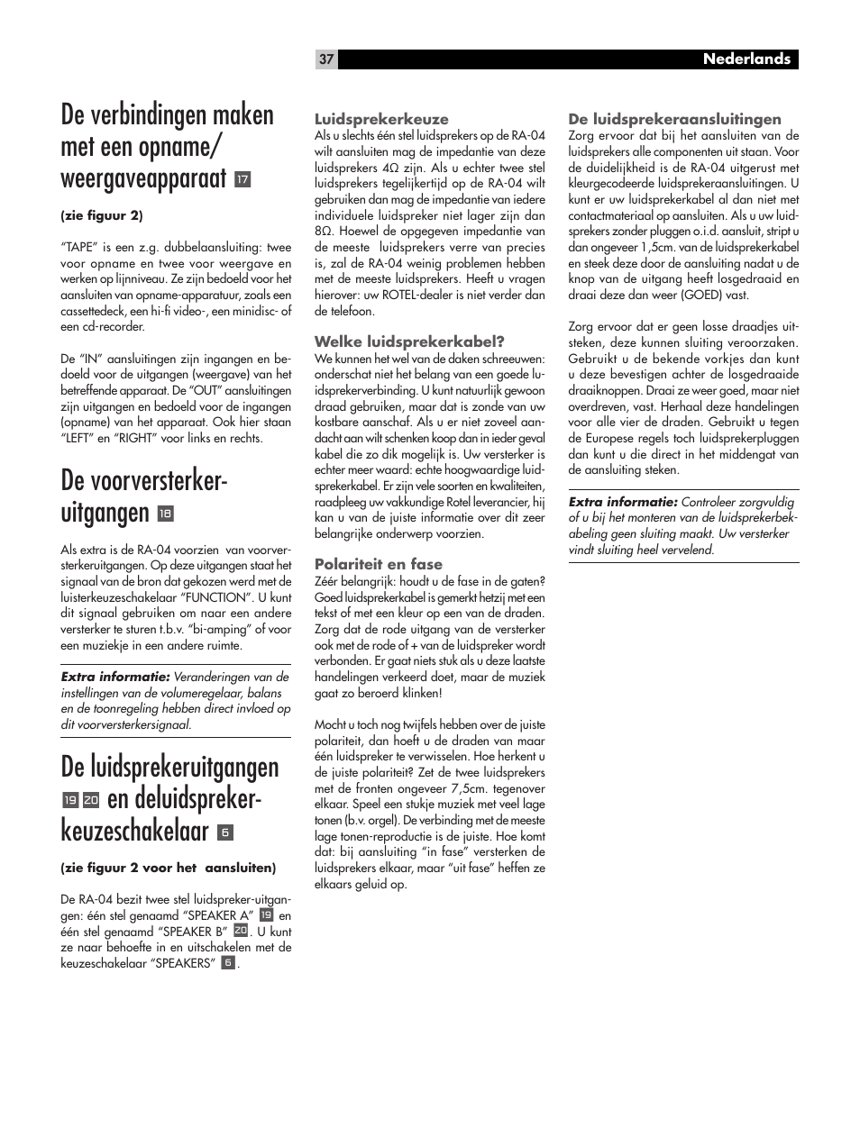 De voorversterker- uitgangen, De luidsprekeruitgangen, En deluidspreker- keuzeschakelaar | ROTEL RA-04 User Manual | Page 37 / 52