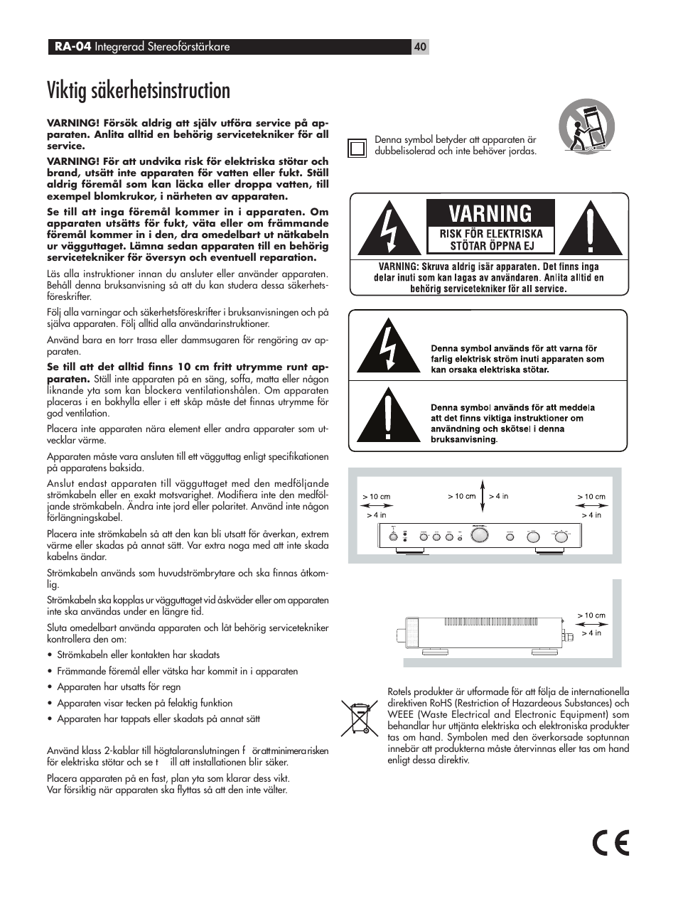 Viktig säkerhetsinstruction | ROTEL RA-04 User Manual | Page 40 / 52