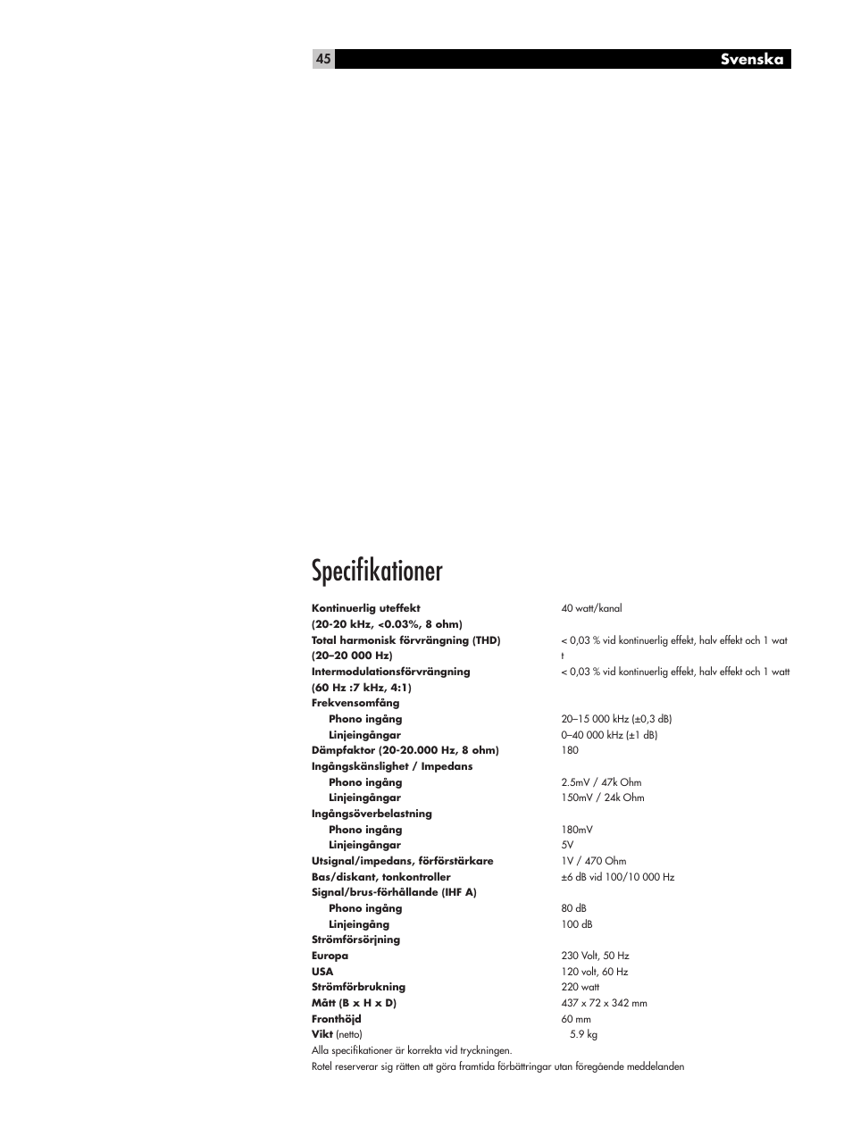 Specifikationer, Svenska | ROTEL RA-04 User Manual | Page 45 / 52