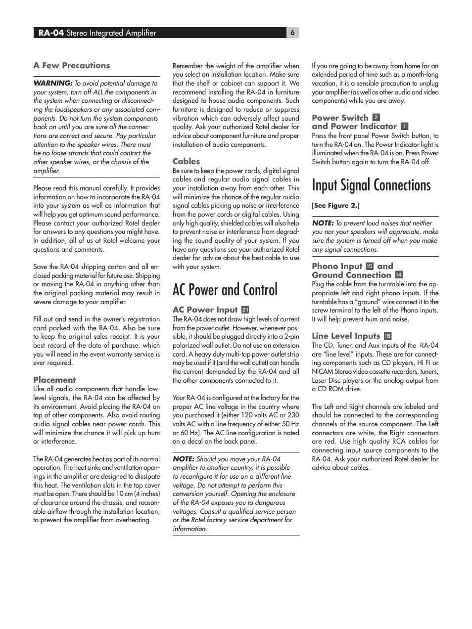 Ac power and control, Input signal connections | ROTEL RA-04 User Manual | Page 6 / 52