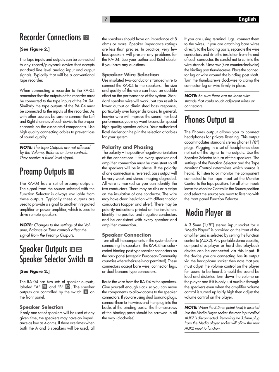 Recorder connections, Preamp outputs, Speaker outputs | Speaker selector switch, Phones output, Media player | ROTEL RA-04 User Manual | Page 7 / 52