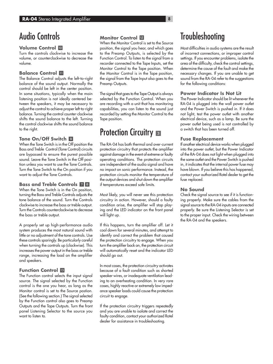 Audio controls, Protection circuitry, Troubleshooting | ROTEL RA-04 User Manual | Page 8 / 52