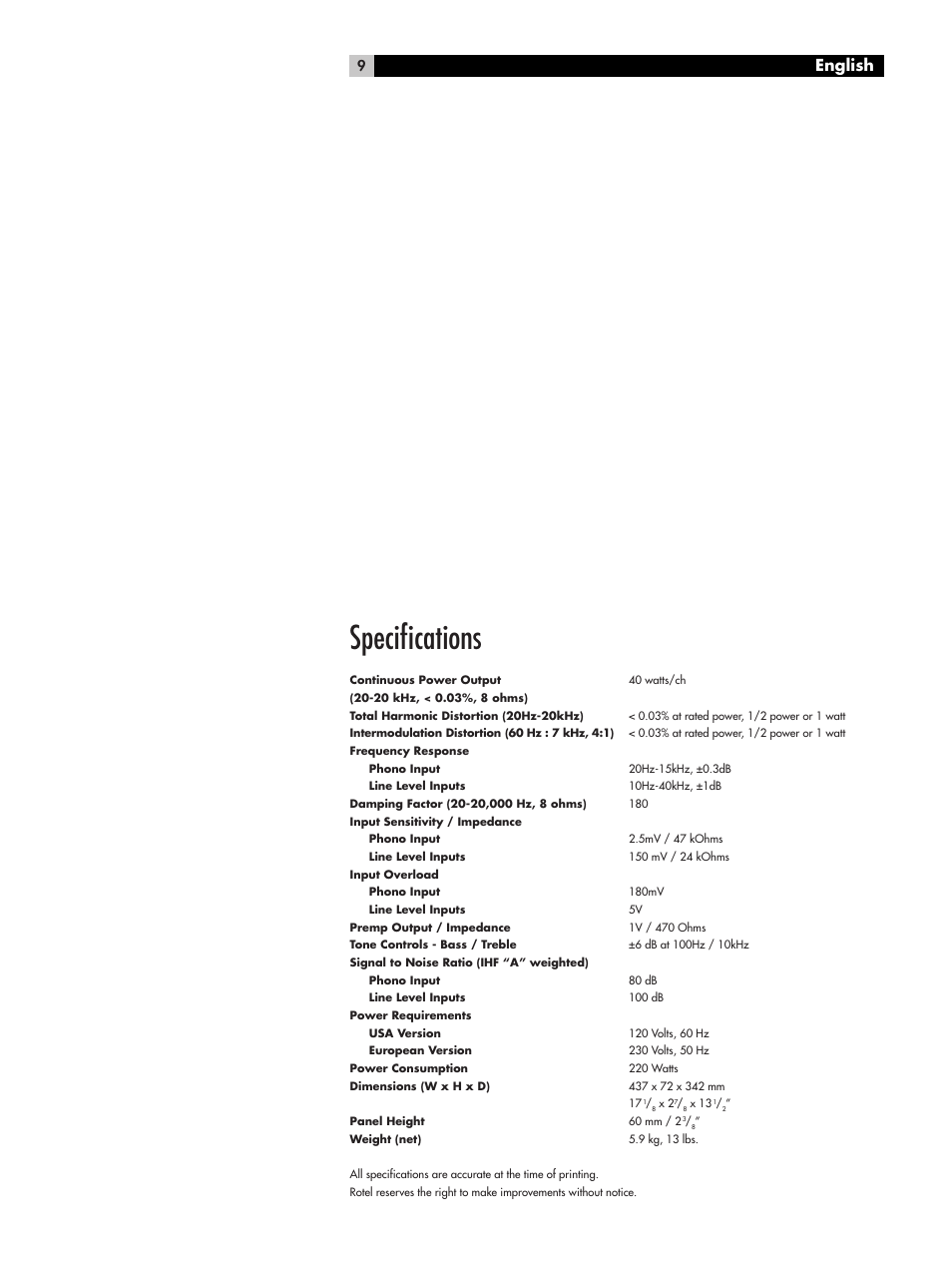 Specifications, English | ROTEL RA-04 User Manual | Page 9 / 52