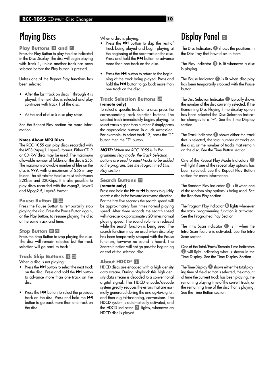 Playing discs, Play buttons, Pause button | Stop button, Track skip buttons, Track selection buttons, Search buttons, About hdcd, Display panel | ROTEL CD Multi-Disc Changer RCC-1055 User Manual | Page 10 / 86