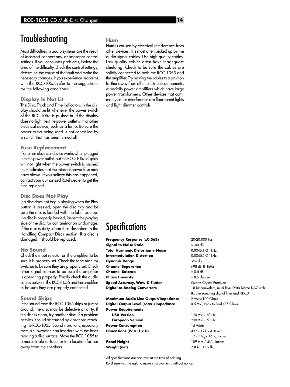 Troubleshooting, Display is not lit, Fuse replacement | Disc does not play, No sound, Sound skips, Speciﬁcations, Rcc-1055 cd multi-disc changer | ROTEL CD Multi-Disc Changer RCC-1055 User Manual | Page 14 / 86