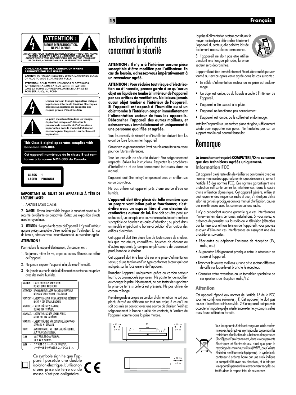 Instructions importantes concernant la sécurité, Remarque, Français | Information fcc, Attention | ROTEL CD Multi-Disc Changer RCC-1055 User Manual | Page 15 / 86