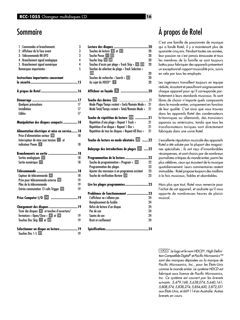 À propos de rotel, Sommaire | ROTEL CD Multi-Disc Changer RCC-1055 User Manual | Page 16 / 86