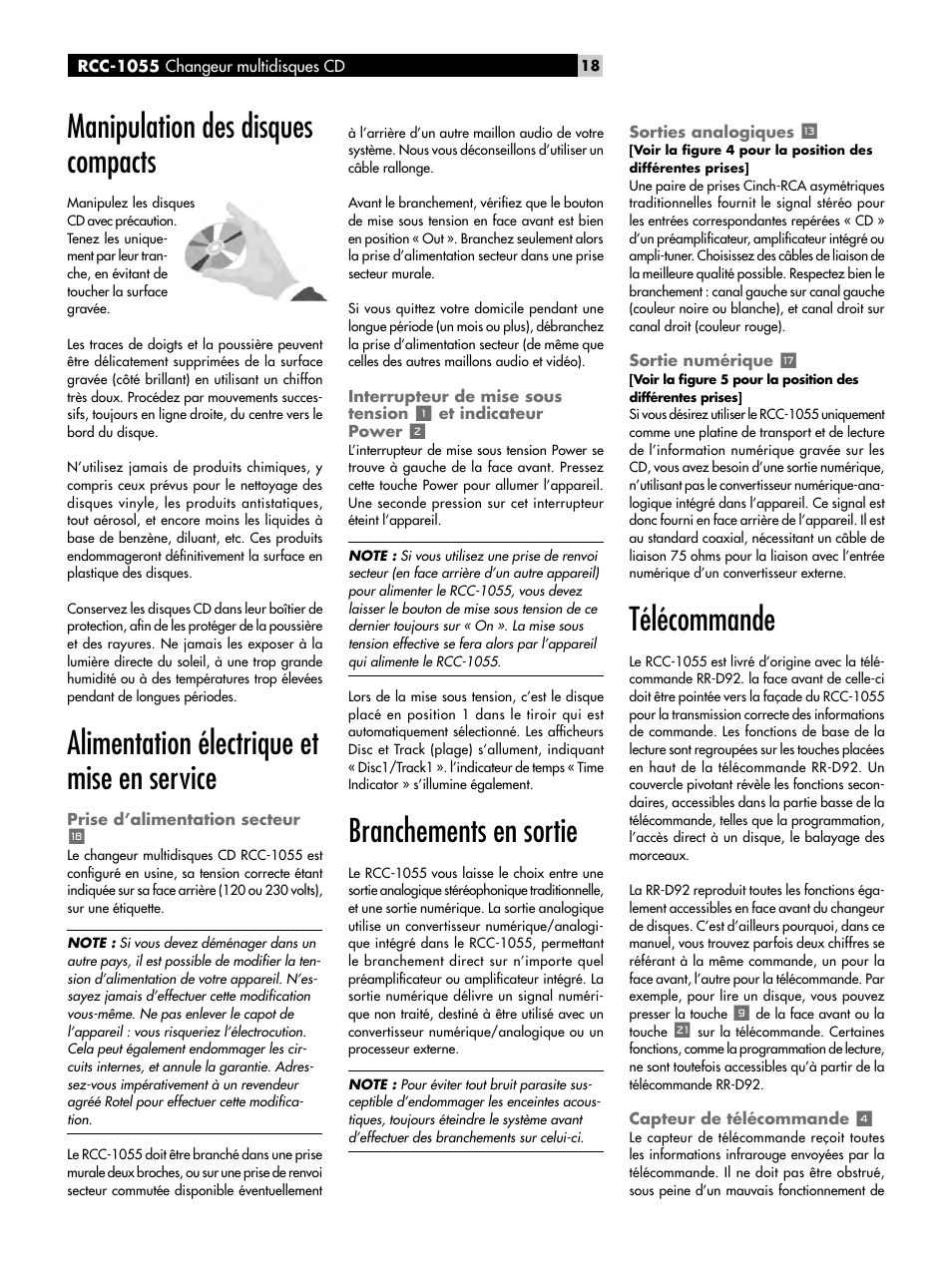 Manipulation des disques compacts, Alimentation électrique et mise en service, Prise d’alimentation secteur | Interrupteur de mise sous tension, Indicateur power, Branchements en sortie, Sorties analogiques, Sortie numérique, Télécommande, Capteur de télécommande | ROTEL CD Multi-Disc Changer RCC-1055 User Manual | Page 18 / 86